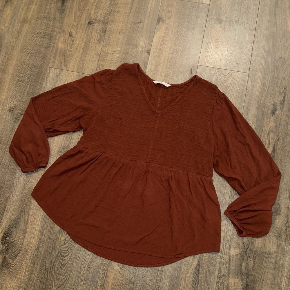 Sonoma Women Sz 1X Brown Blouse Smoked Summer Ruffle Top Long Sleeves Casual